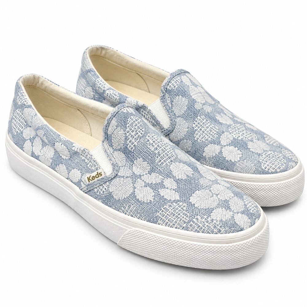 Keds Double Decker Floral Slip On Sneakers Blue White Womens Sze 8.5 Casual Shoe